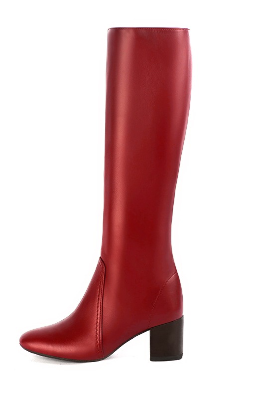 Cardinal red women's feminine knee-high boots. Round toe. Medium block heels. Made to measure. Profile view - Florence KOOIJMAN